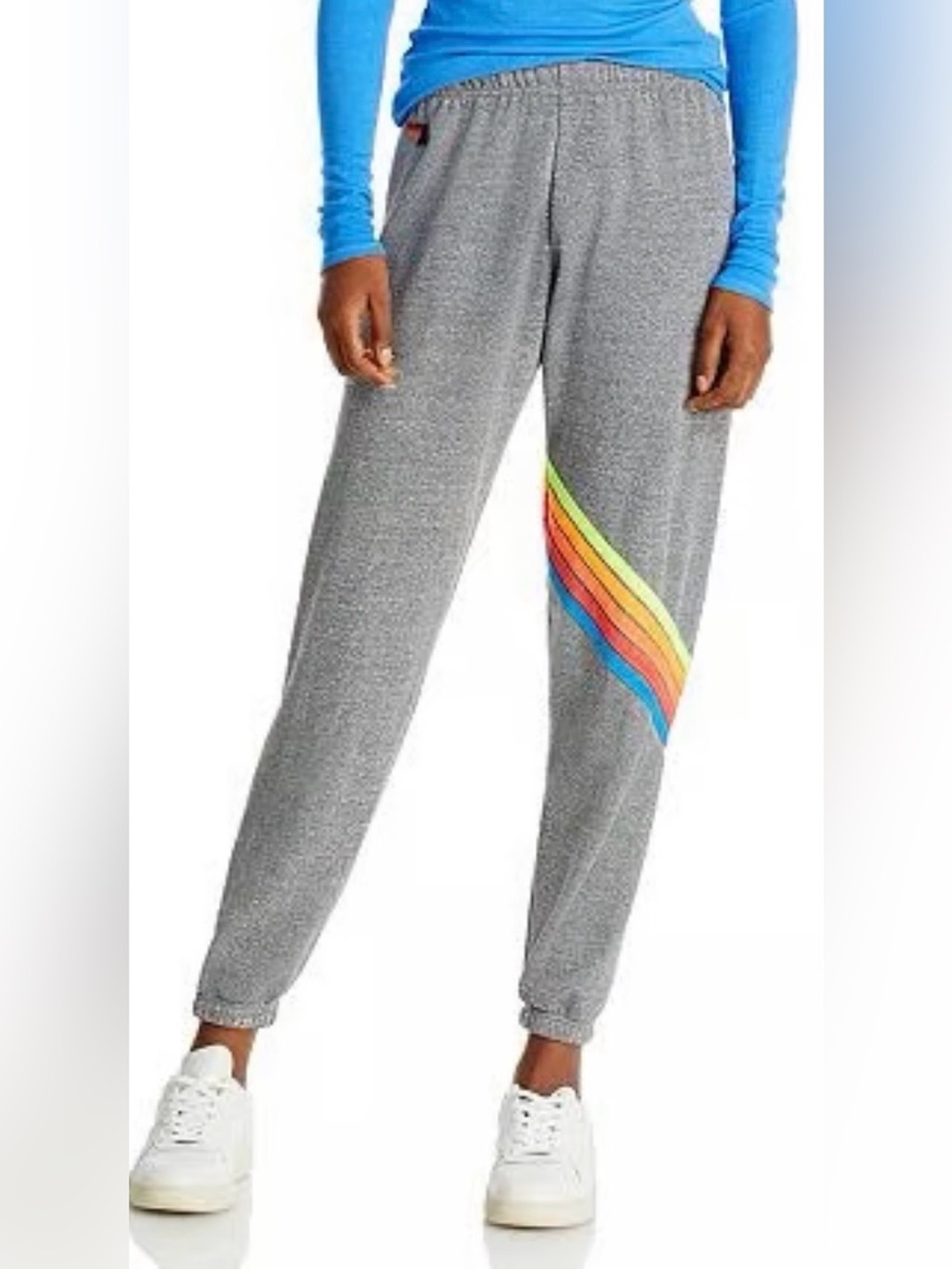Aviator Nation 5 Stripe Sweatpants Heather Gray Rainbow Joggers Size M - Picture 2 of 13